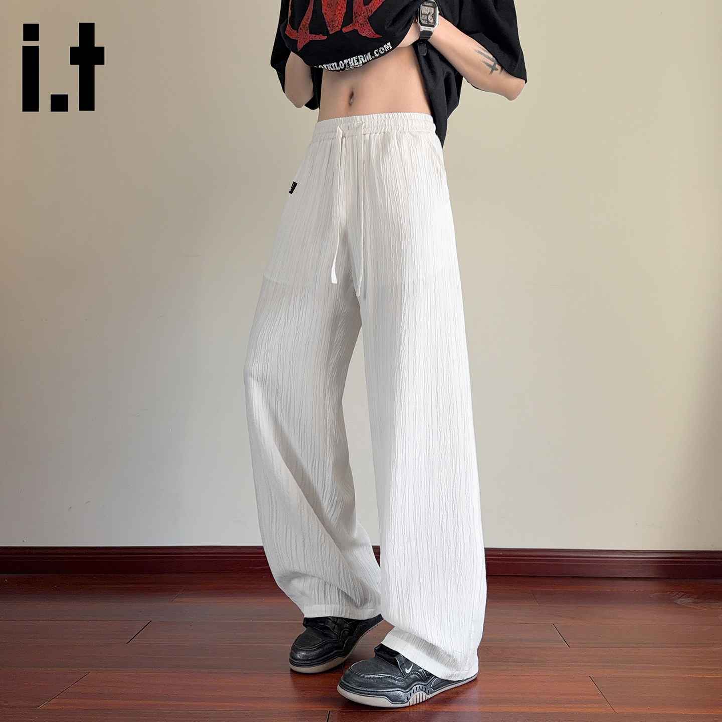 it :5cm/FIVECM夏季薄款肌理感休闲运动卫裤男女款直筒情侣阔腿裤