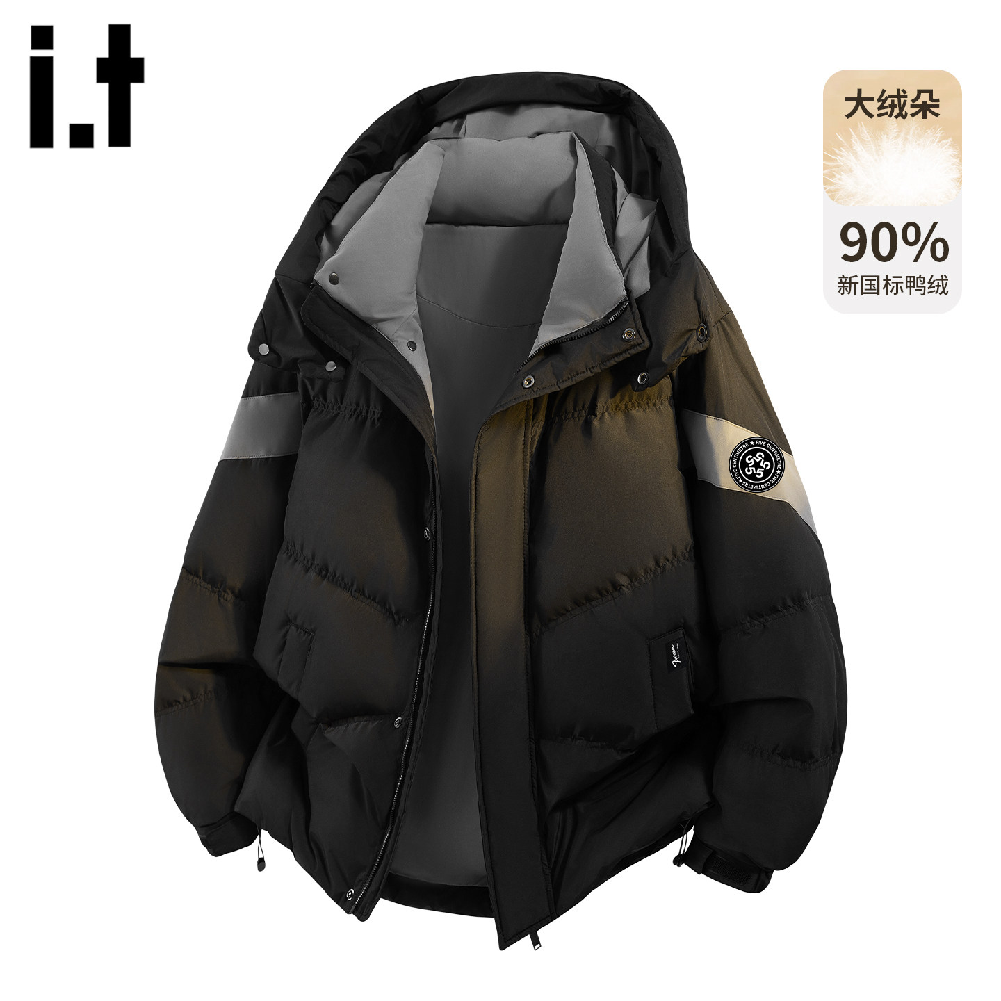 it5cm黑色痞帅连帽羽绒服外套