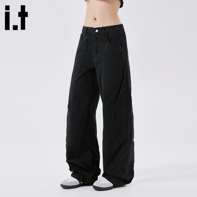 IT'S5cm黑色牛仔布阔腿工装裤