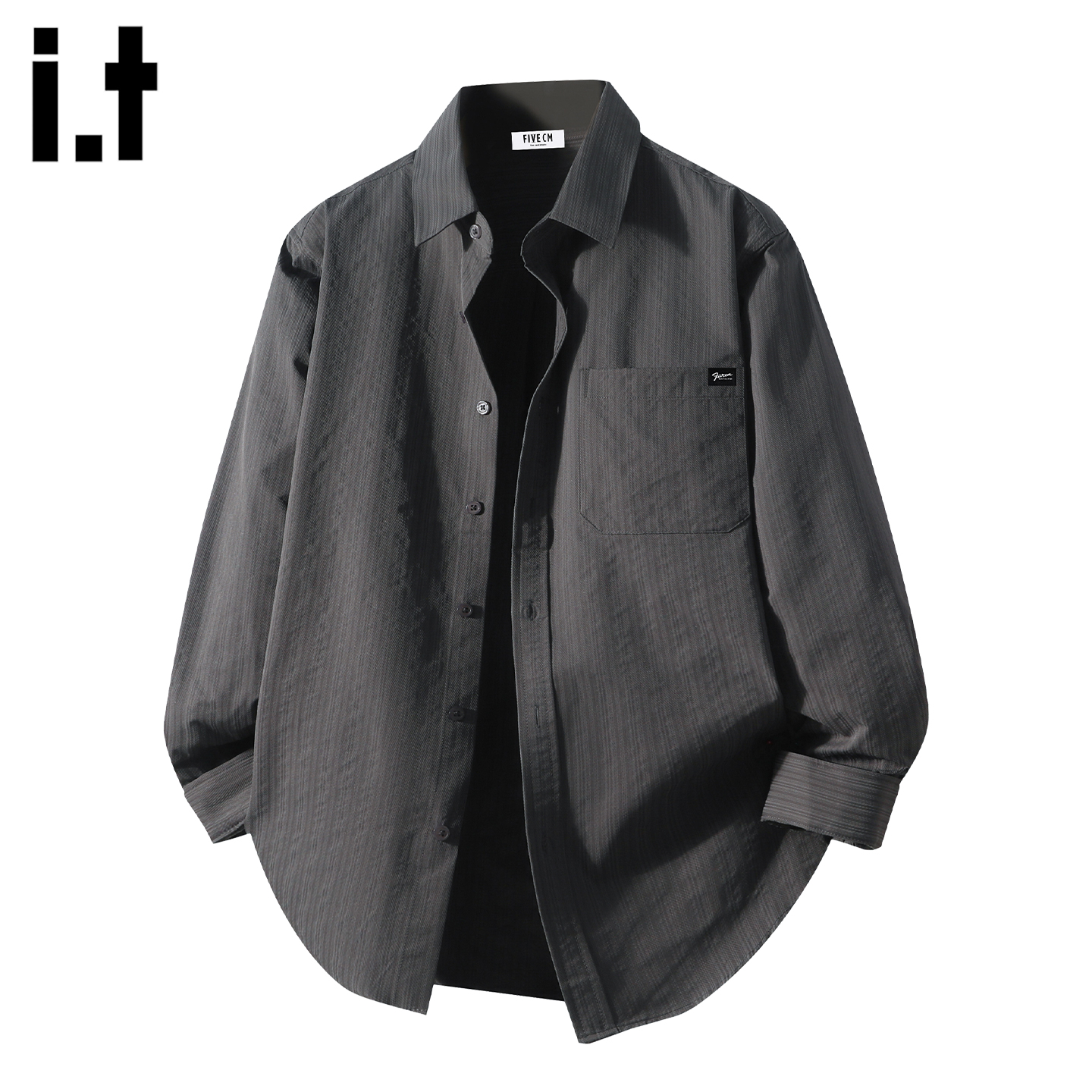 it :5cm/FIVECM灰色条纹翻领长袖衬衫男款2025春秋季宽松外套衬衣