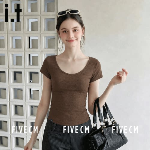 itFIVECM纯色V领修身短款短袖