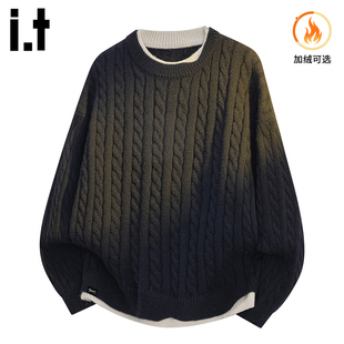 it :5cm/FIVECM黑色假两件毛衣男款2025秋冬季慵懒风加绒保暖上衣