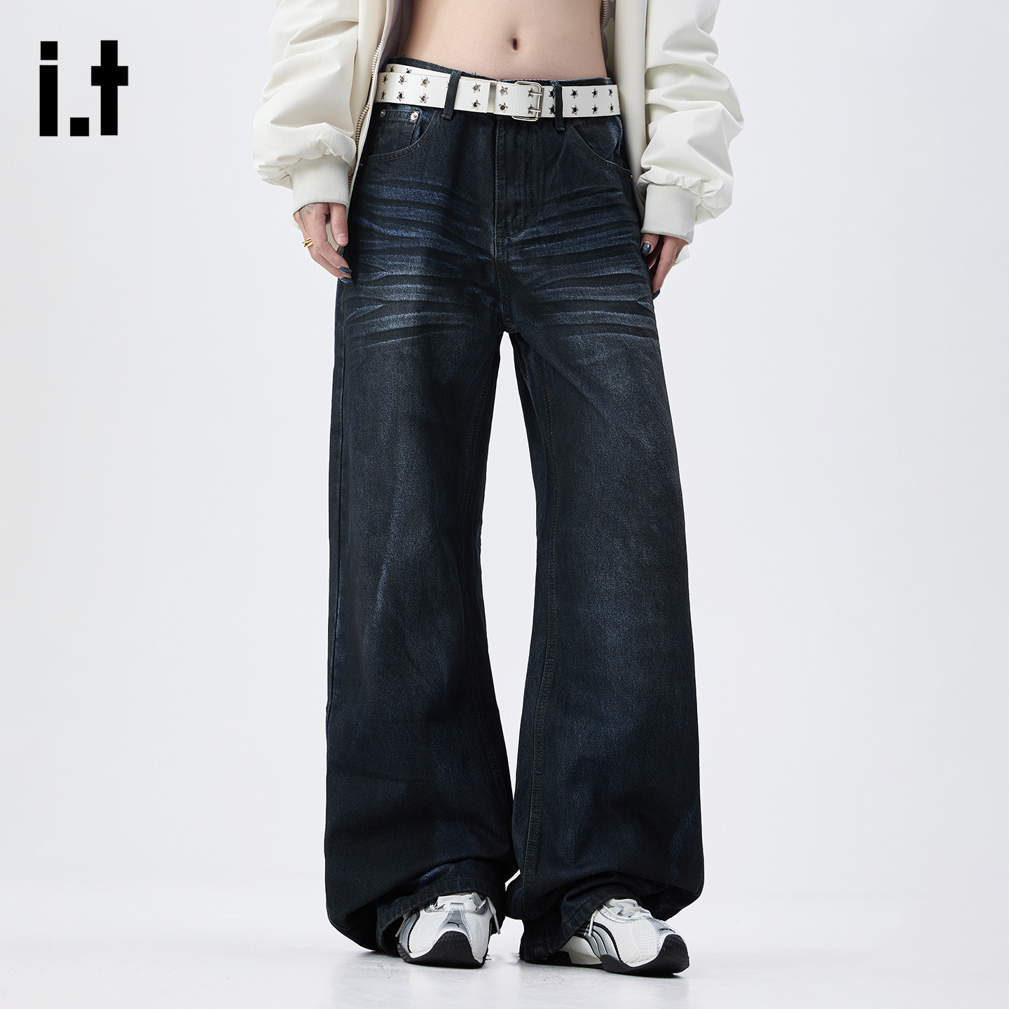 it :5cm/FIVECM美式做旧猫须牛仔裤男女款秋冬季阔腿裤直筒拖地裤