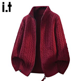 it :5cm/FIVECM红色拉链开衫麻花毛衣男士2025秋冬季宽松外套上衣