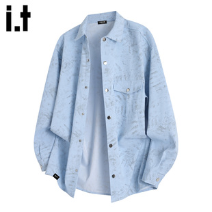 5cm 长袖 FIVECM蓝色翻领衬衫 休闲宽松扎染帅气男士 上衣 秋冬季