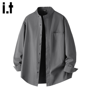 it :5cm/FIVECM春季亚麻衬衫老钱风不对称门襟立领复古男休闲衬衣