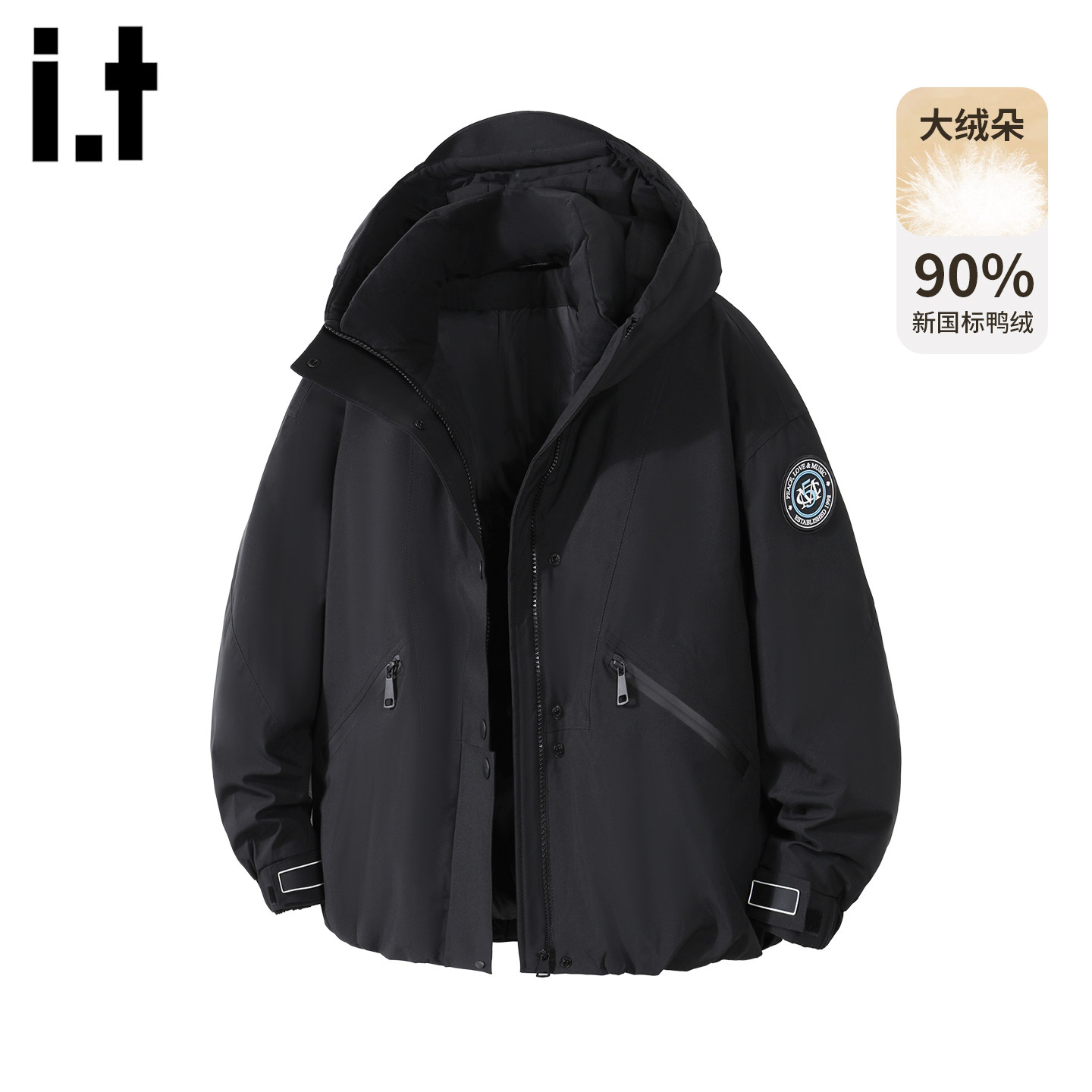 it5cm潮牌黑色连帽羽绒服外套