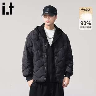 it :5cm/FIVECM黑色轻量化连帽假两件羽绒服男款冬季保暖鸭绒外套