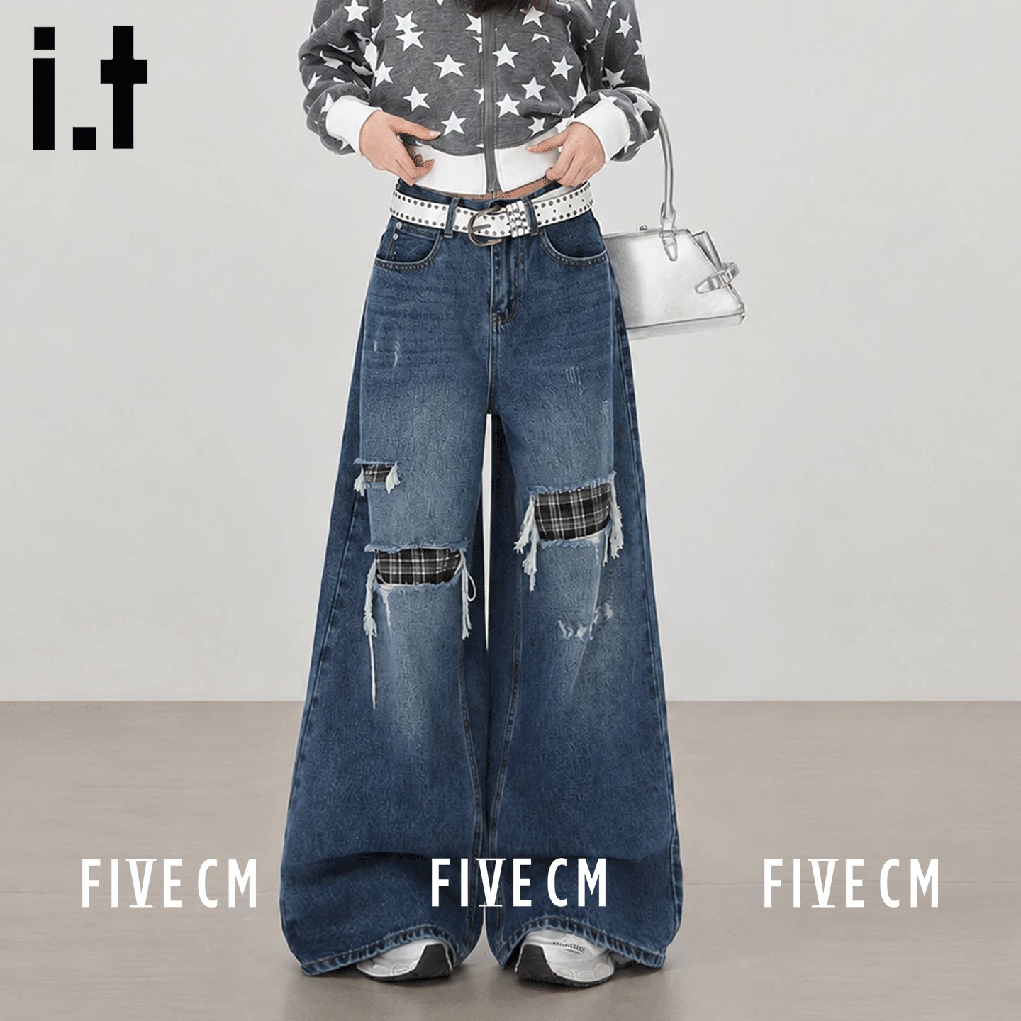 itFIVECM格纹拼接阔腿牛仔裤