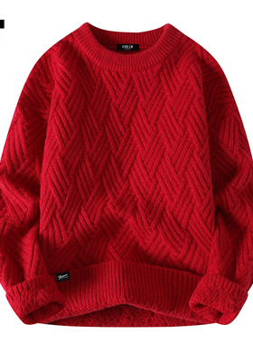 it :5cm/FIVECM红色宽松针织外套男士秋冬潮流粗麻花圆领套头毛衣