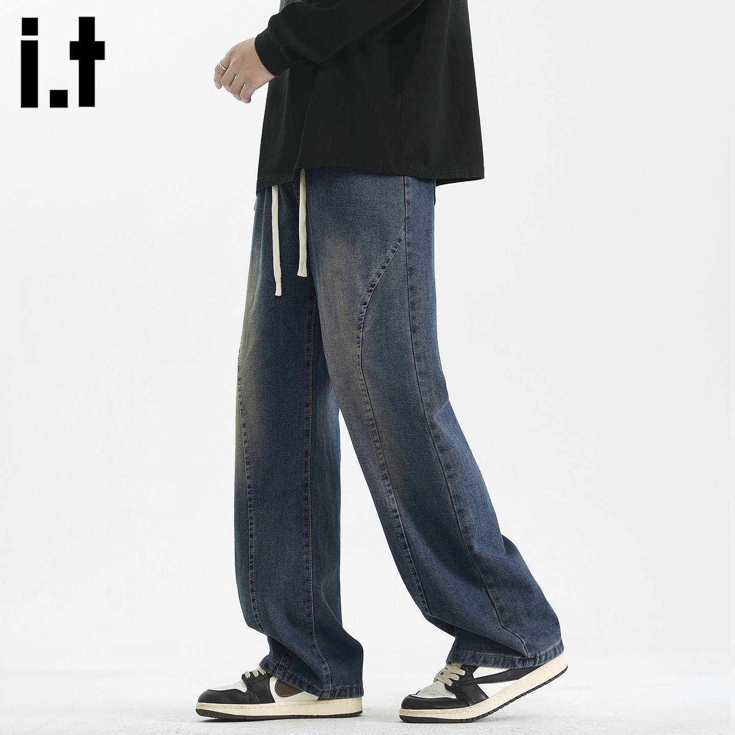 it :5cm/FIVECM美式复古百搭牛仔裤男款春秋宽松抽绳直筒休闲长裤