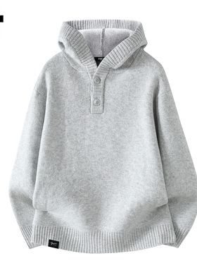 it :5cm/FIVECM秋冬新款灰色纽扣连帽毛衣保暖宽松休闲针织衫上衣