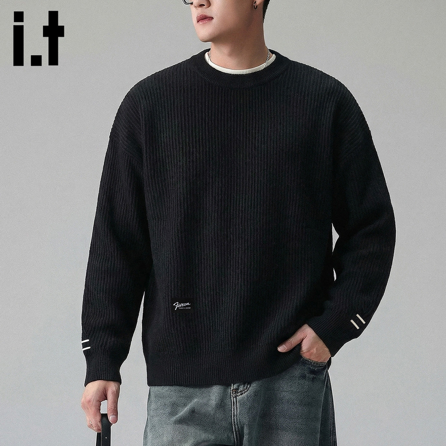 it :5cm/FIVECM春季新款针织衫男士纯色高级感圆领内搭打底衫毛衣