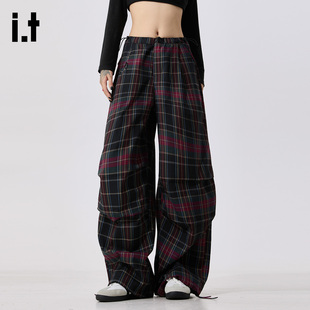 it :5cm/FIVECM春季格子纹休闲裤宽松百搭显瘦阔腿长裤拖地裤子女