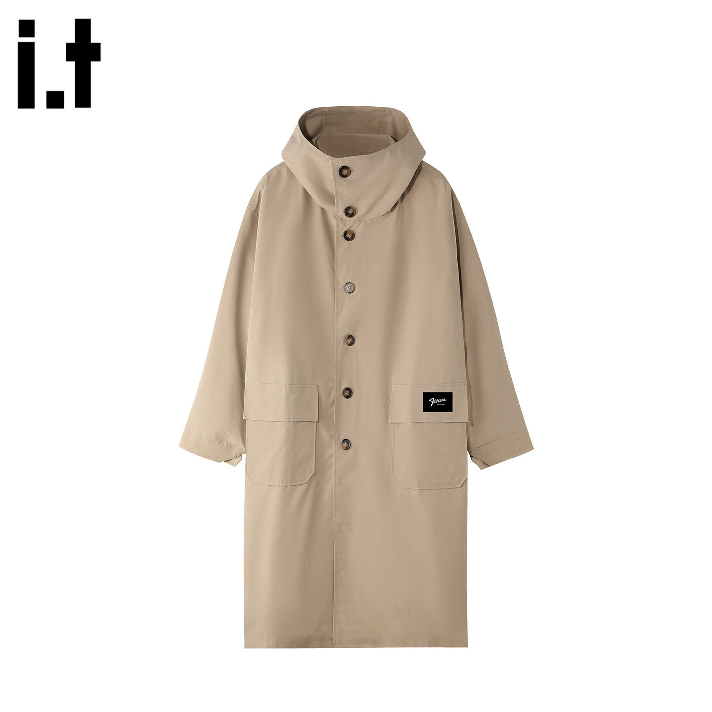 it :5cm/FIVECM卡其色连帽中长款风衣男女2025春秋季情侣宽松外套