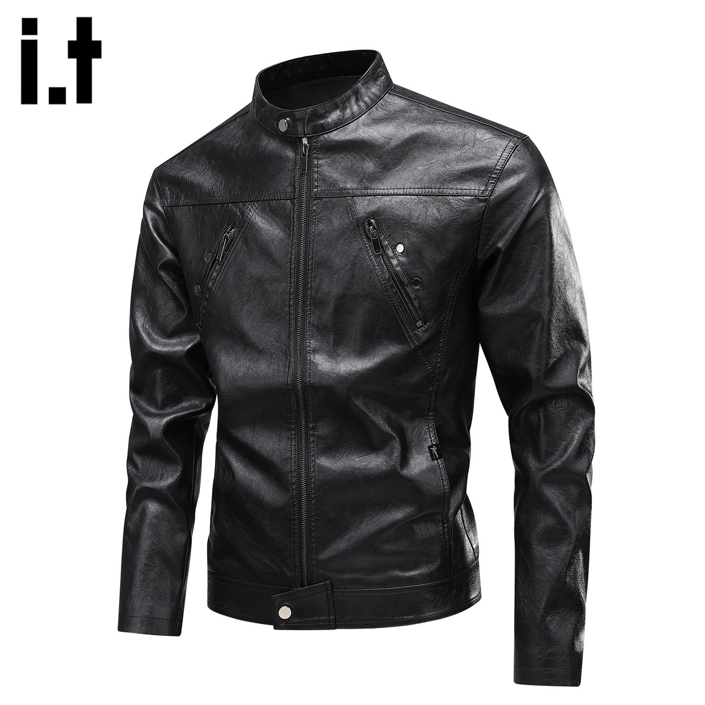 it :5cm/FIVECM新款黑色立领机车风PU皮衣夹克外套潮流赛车服春季