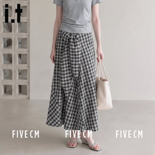itFIVECM黑白格纹绑带半身长裙