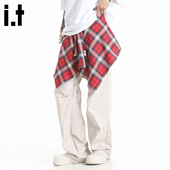 格子衬衫 5cm 2025夏季 FIVECM美式 男女款 长裤 拼接阔腿裤 休闲裤