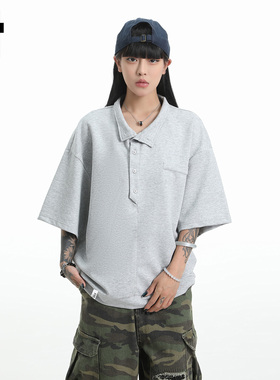 it :5cm/FIVECM男女同款美式灰色短袖t恤男女2025夏宽松正肩上衣