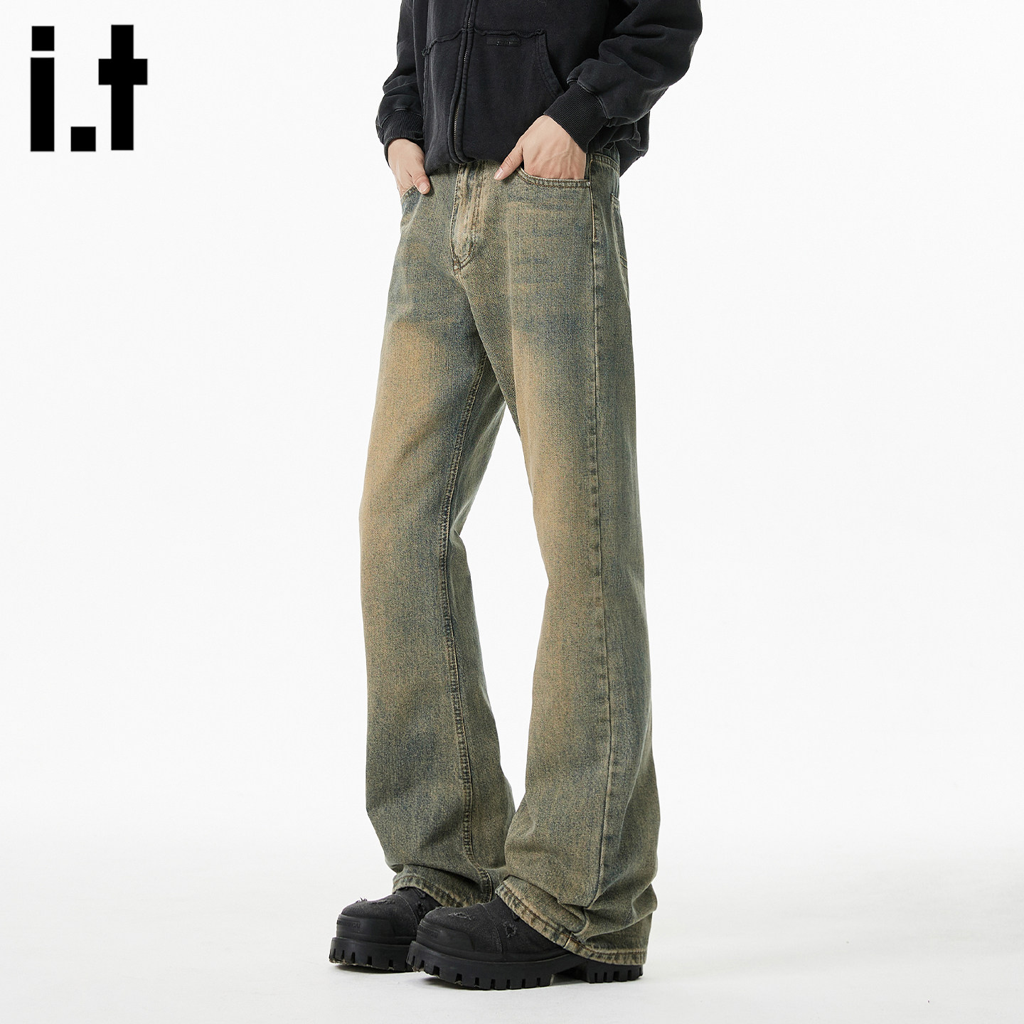 it :5cm/FIVECM美式复古冰蓝色微喇牛仔裤男春新款宽松百搭休闲裤