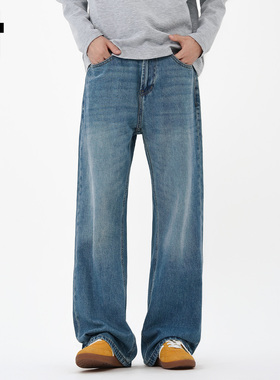 it :5cm/FIVECM时尚水洗蓝色窄版阔腿牛仔裤男士2025秋季直筒长裤