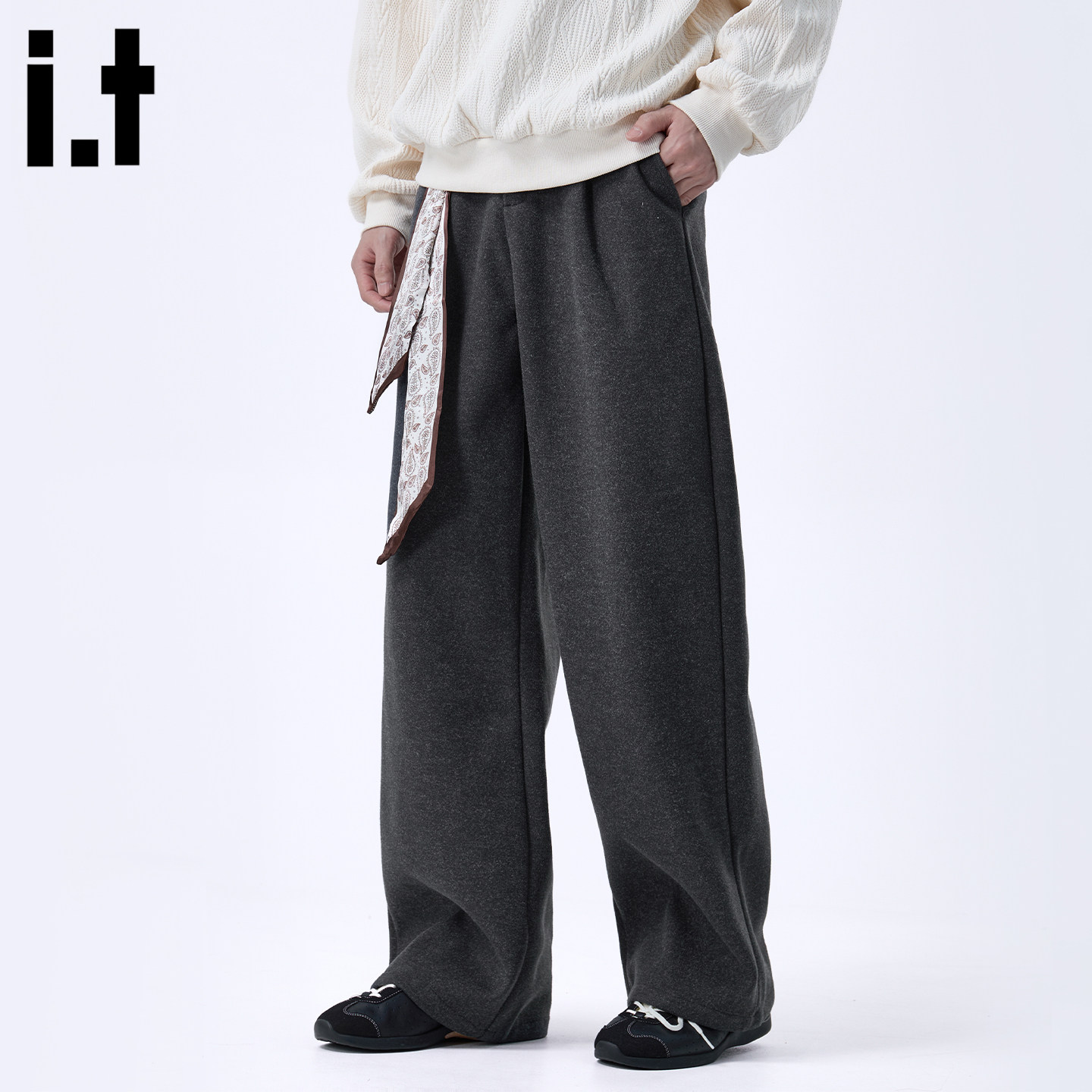 it :5cm/FIVECM时尚黑色西装裤宽松直筒休闲裤男款2025秋垂感长裤