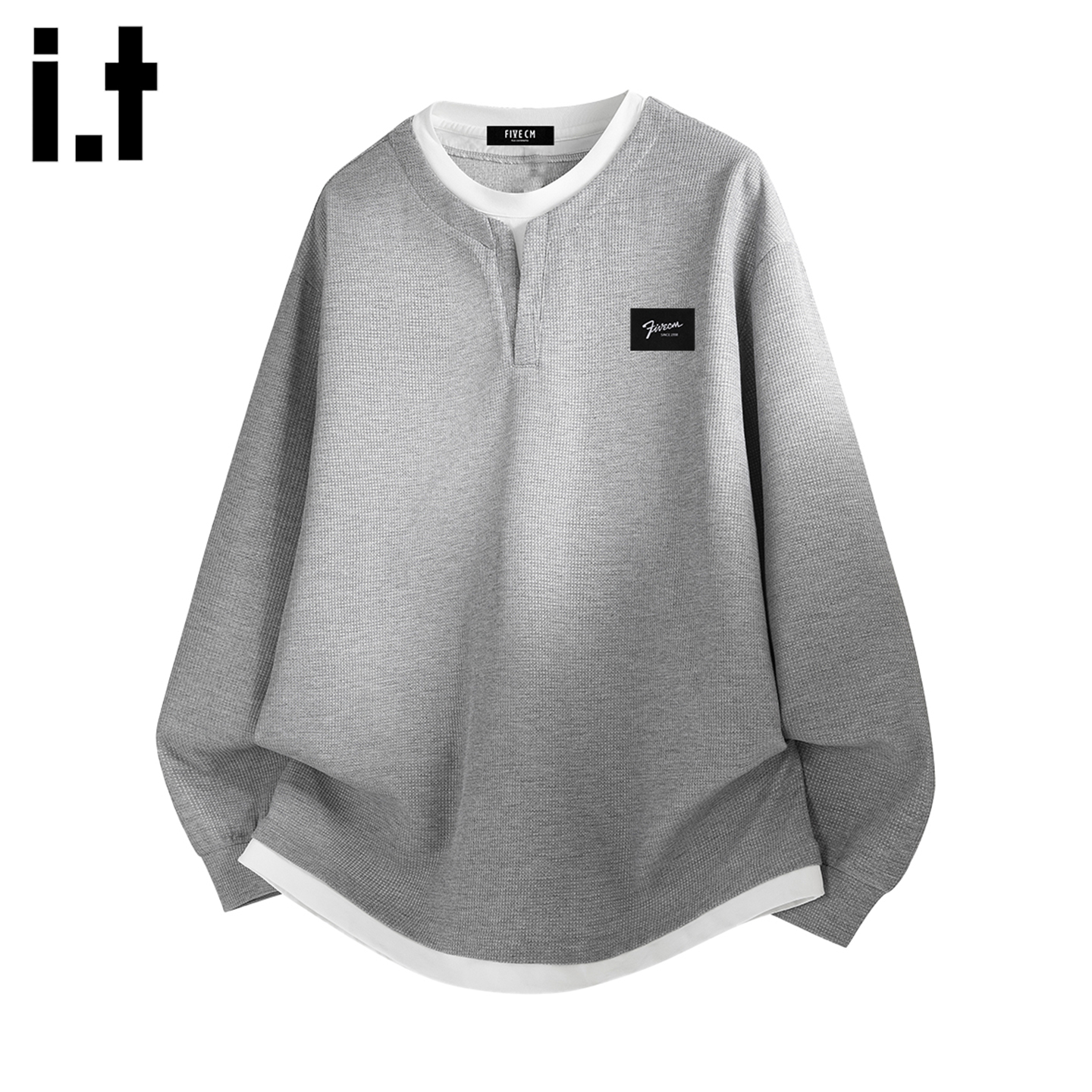 拼接华夫格圆领卫衣男士宽松上衣