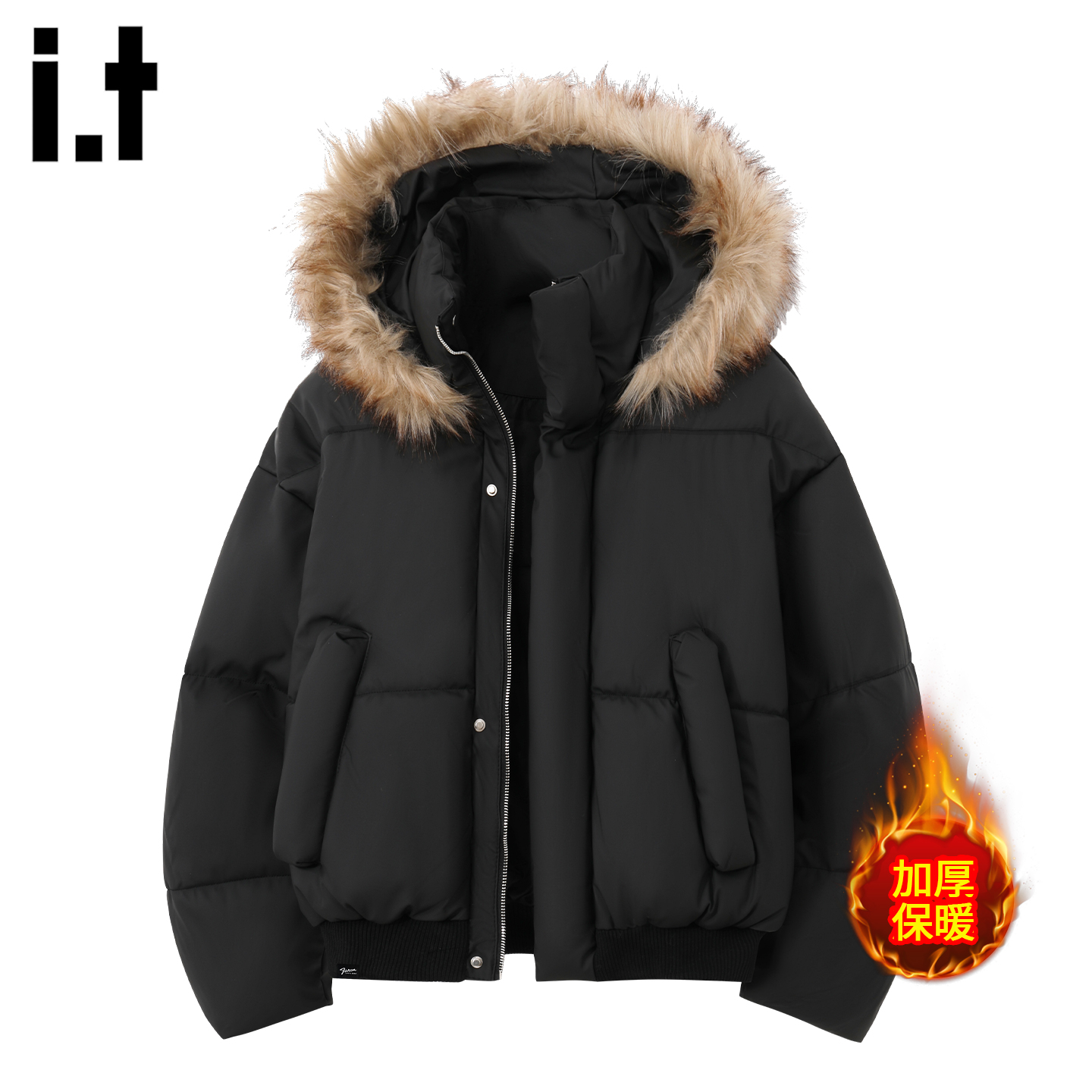 it5cm黑色大毛领连帽短款棉服