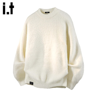 2025秋冬款 FIVECM白色圆领套头毛衣男士 宽松保暖休闲上衣 5cm