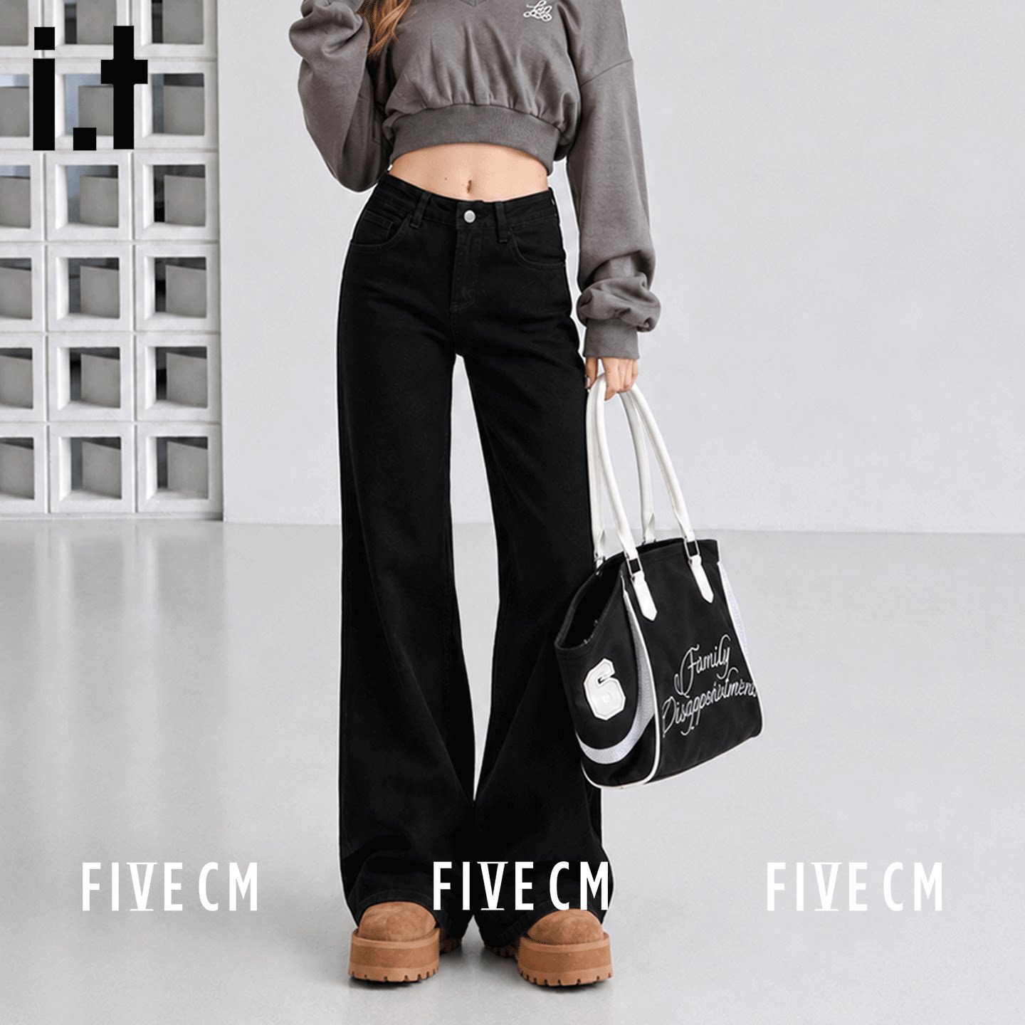 itFIVECM设计感高腰牛仔长裤女
