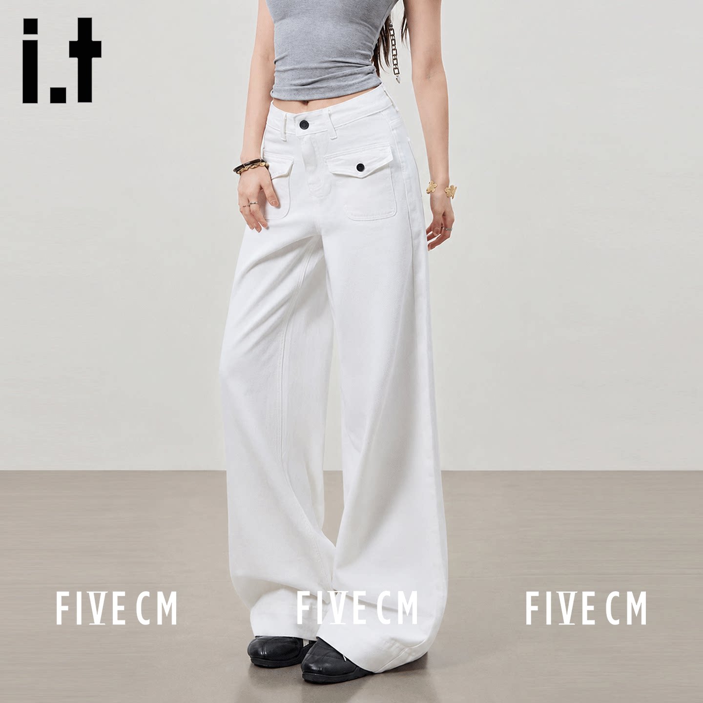 itFIVECM高腰双口袋工装阔腿裤女