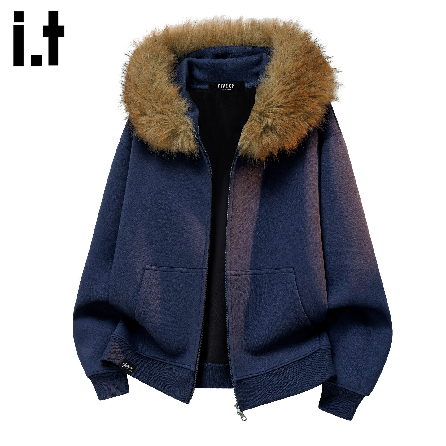 it :5cm/FIVECM潮牌复古美式毛领连帽卫衣男女款拉链宽松开衫外套