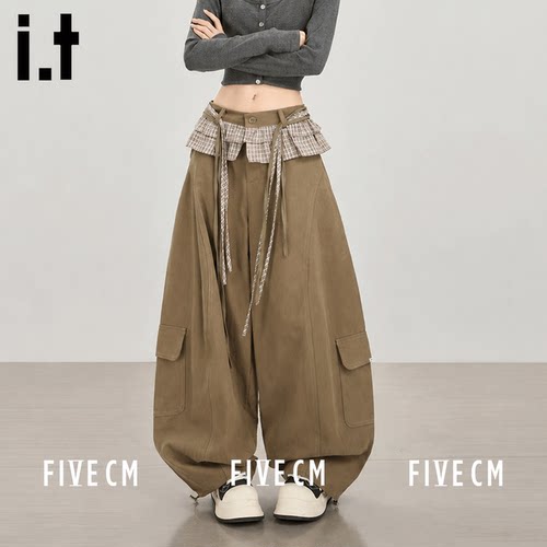 itFIVECM荷叶格纹屁帘工装裤
