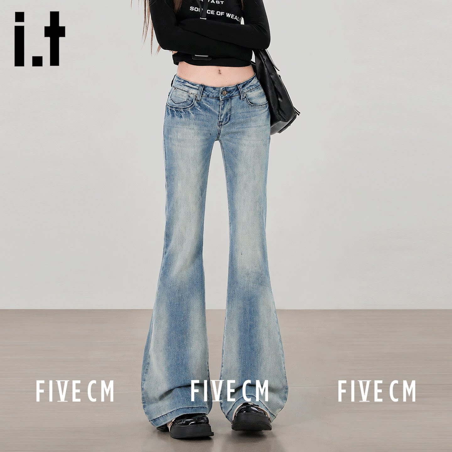 itFIVECM复古做旧阔腿牛仔裤女