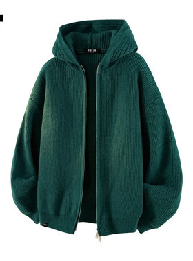 it :5cm/FIVECM痞帅绿色连帽拉链针织开衫外套男士2025秋冬款上衣
