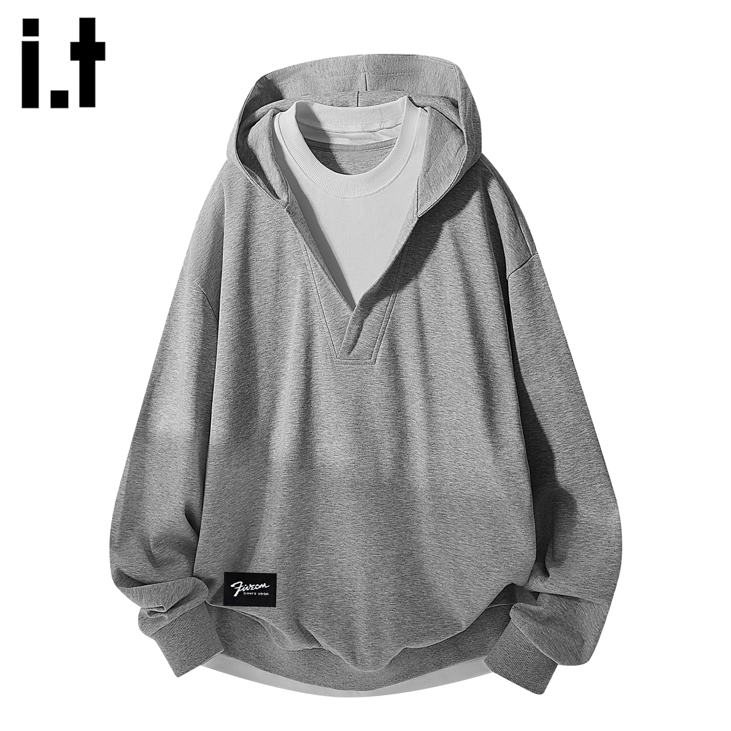 灰色v领拼接假两件连帽卫衣