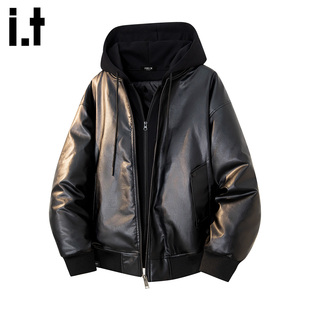 it :5cm/FIVECM黑色设计感连帽皮衣棉服外套男士2026新款休闲棉衣
