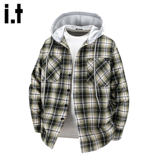 it :5cm/FIVECM青少年格子连帽衬衫男港风潮牌长袖衬衣春秋款外套