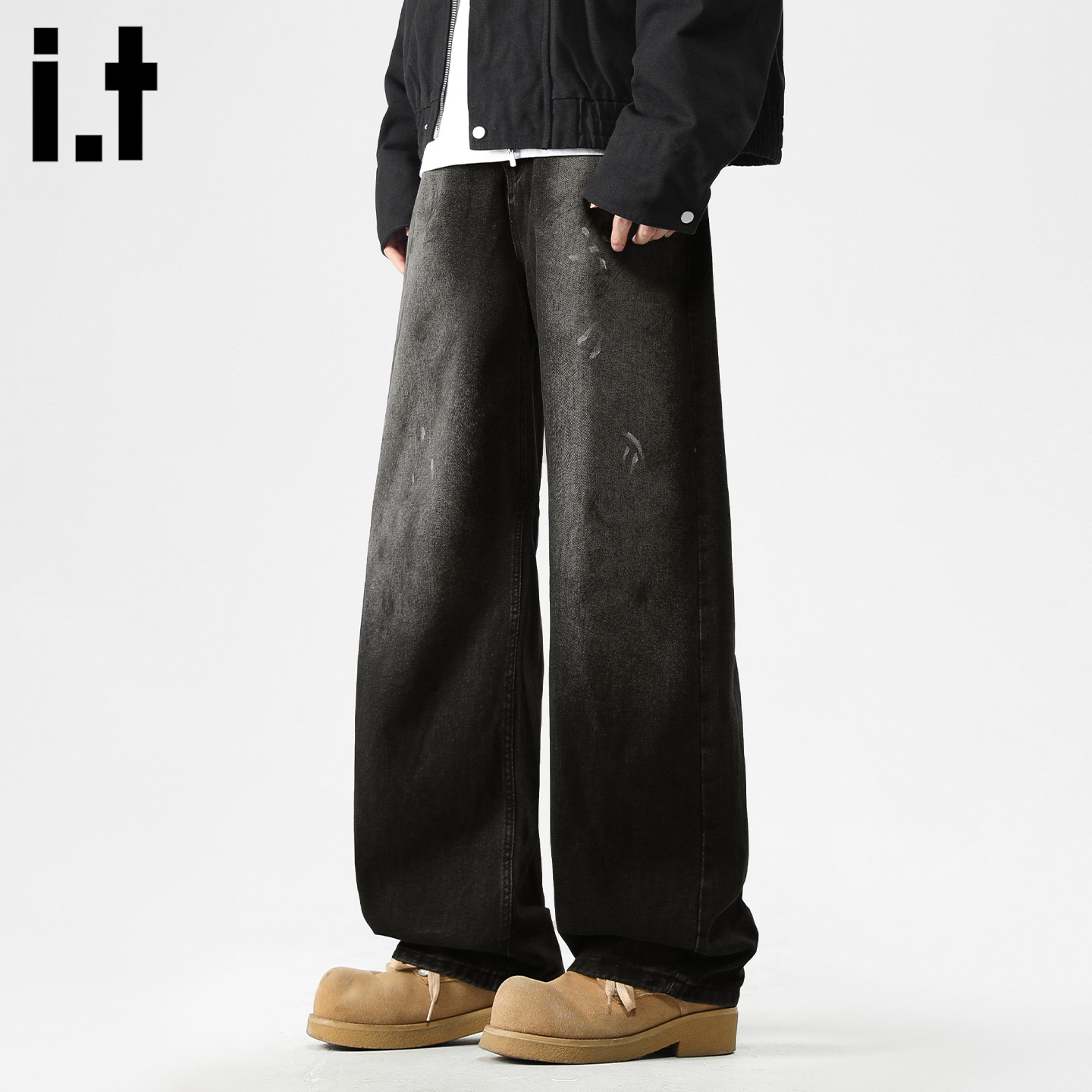 it :5cm/FIVECM水洗做旧宽松直筒裤美式男新款高街复古阔腿牛仔裤