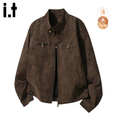 加绒加厚麂皮夹克男保暖复古外套