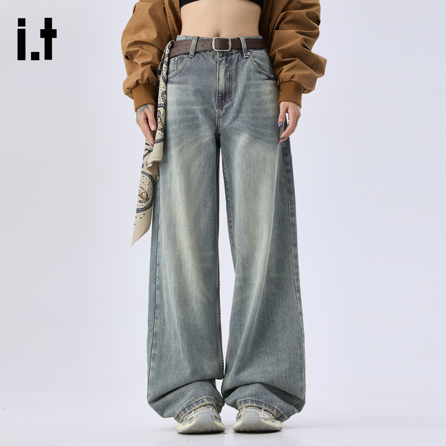 it :5cm/FIVECM美式猫须纹浅色阔腿牛仔裤男女2026春夏新款宽松裤