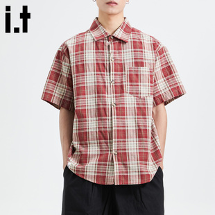 it :5cm/FIVECM美式红色格子短袖衬衫男款2025夏季薄款高级感上衣
