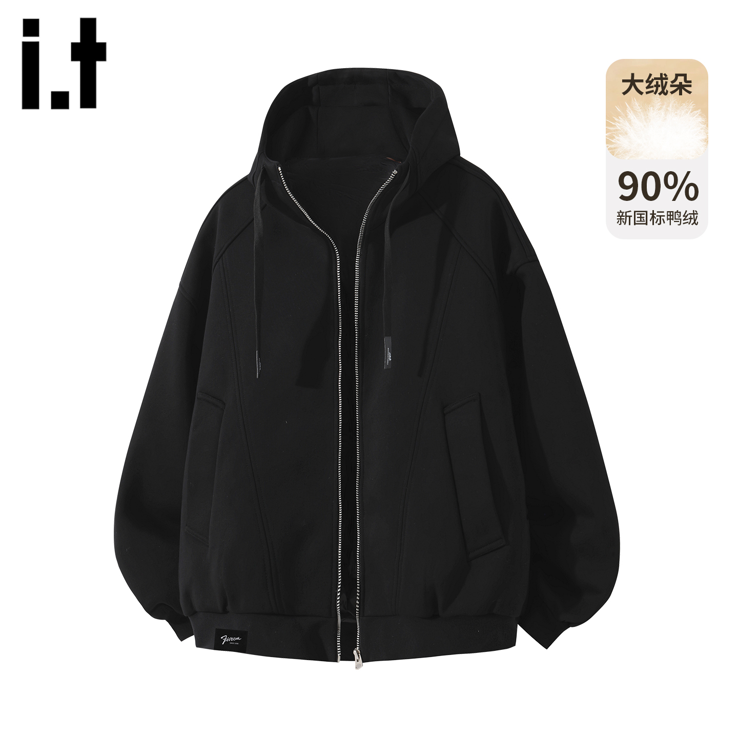 it5cm黑色连帽棒球服羽绒服