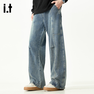 it :5cm/FIVECM痞帅蓝色阔腿牛仔裤男士2025秋冬休闲宽松弯刀长裤