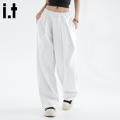 长裤 阔腿裤 女2025夏秋高级感松紧腰直筒裤 5cm FIVECM白色薄款