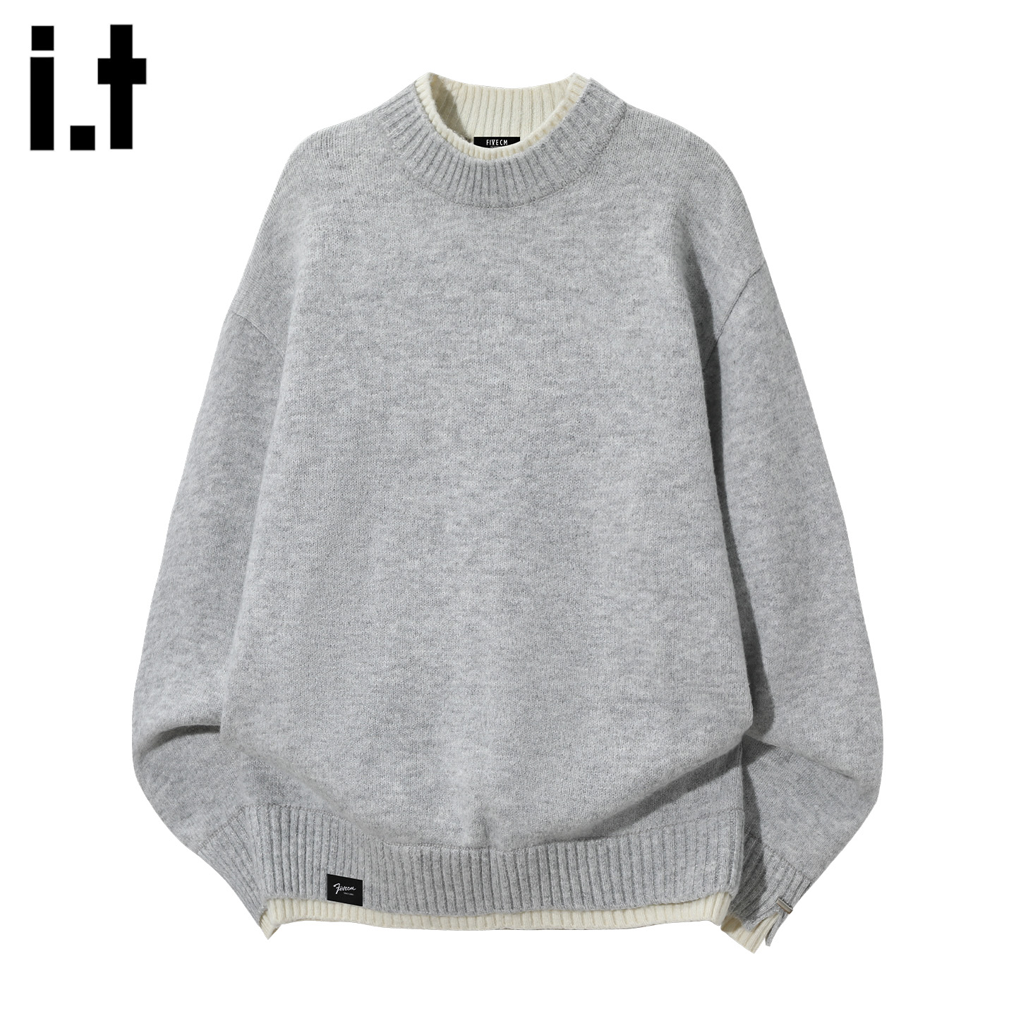 潮牌假两件圆领毛衣男士