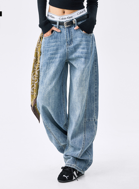 it :5cm/FIVECM复古时尚蓝色弯刀牛仔裤女2025新款秋季阔腿裤长裤