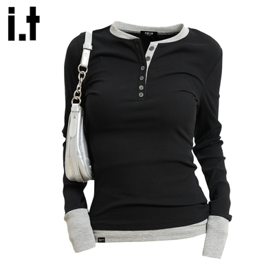 假两件亨利领拼接长袖T恤女修身