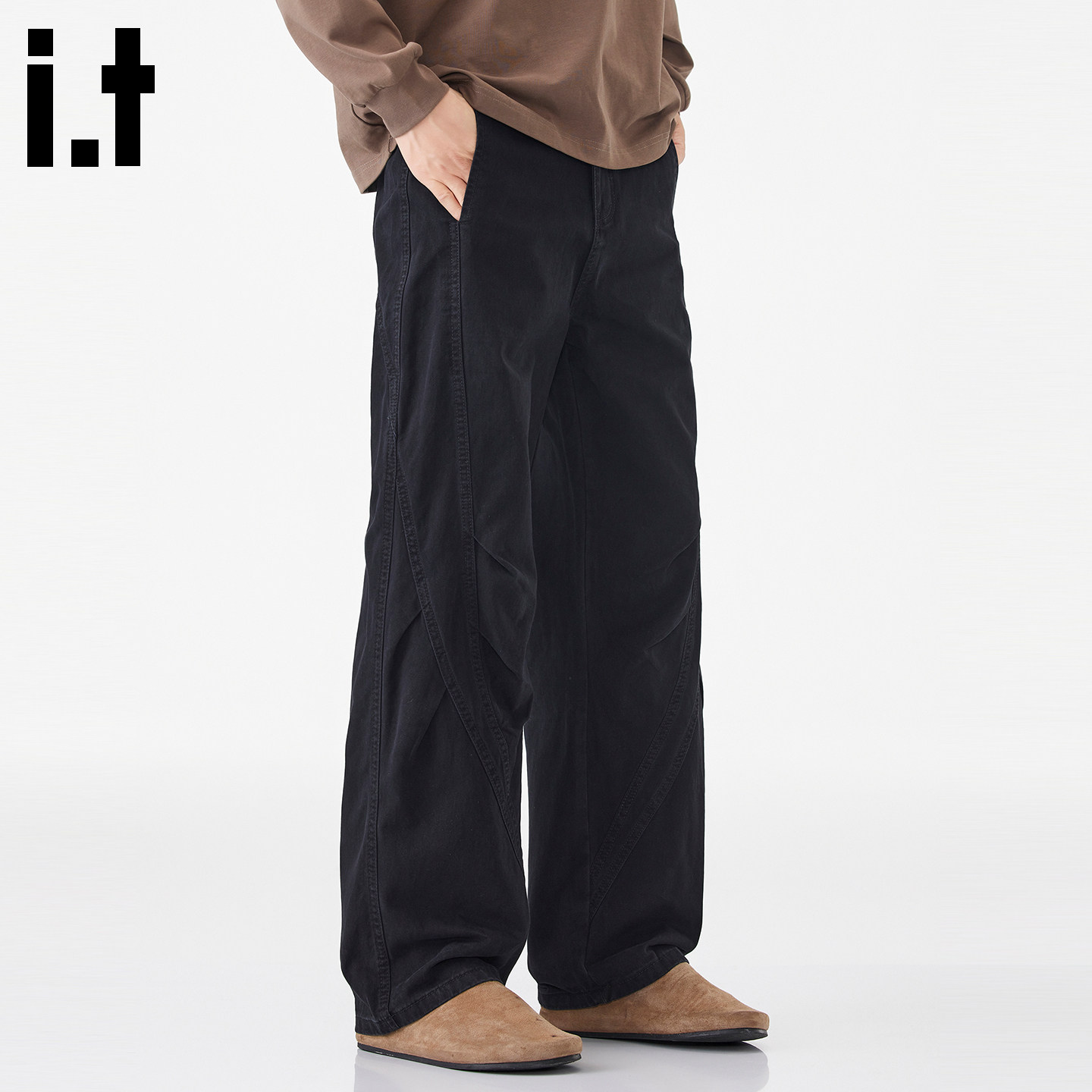 it:5cm/FIVECM黑色纯棉休闲裤男夏季宽松美式复古直筒褶皱阔腿裤B