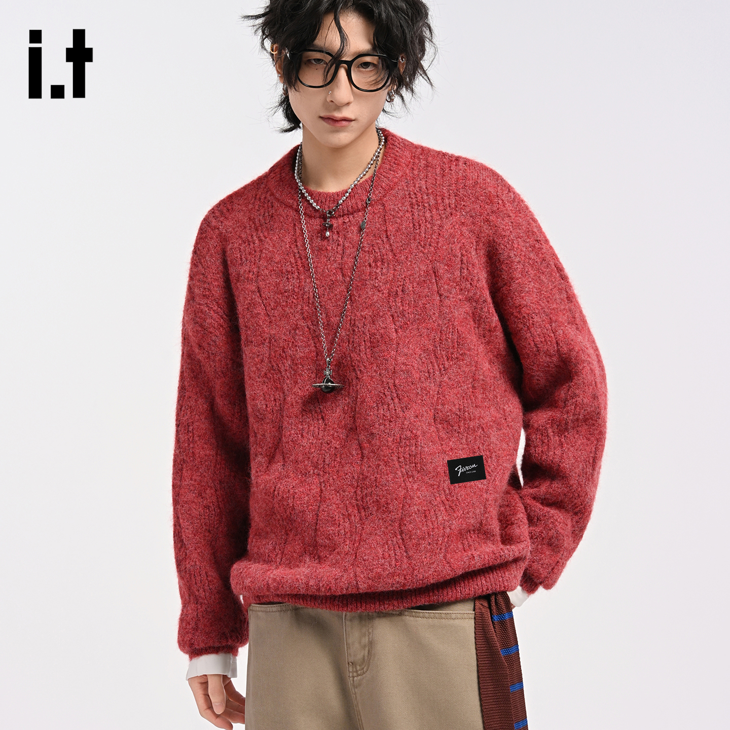 IT'S5cm红色圆领套头长袖毛衣